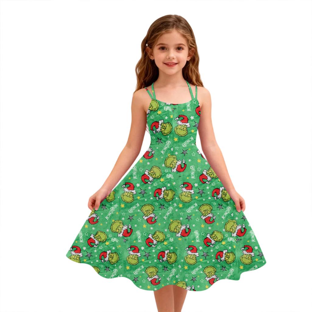 Children's Fashion Casual Christmas Print Off-Shoulder Punk Vintage Dress