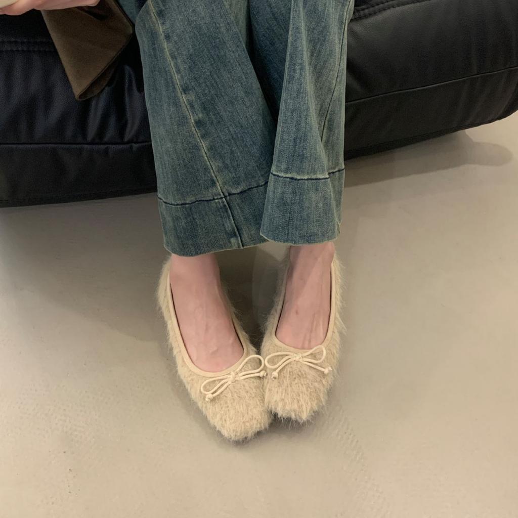 2025 autumn and winter new square-headed mink fluff plush warm bow ballet beanie women's single shoes flat bottom