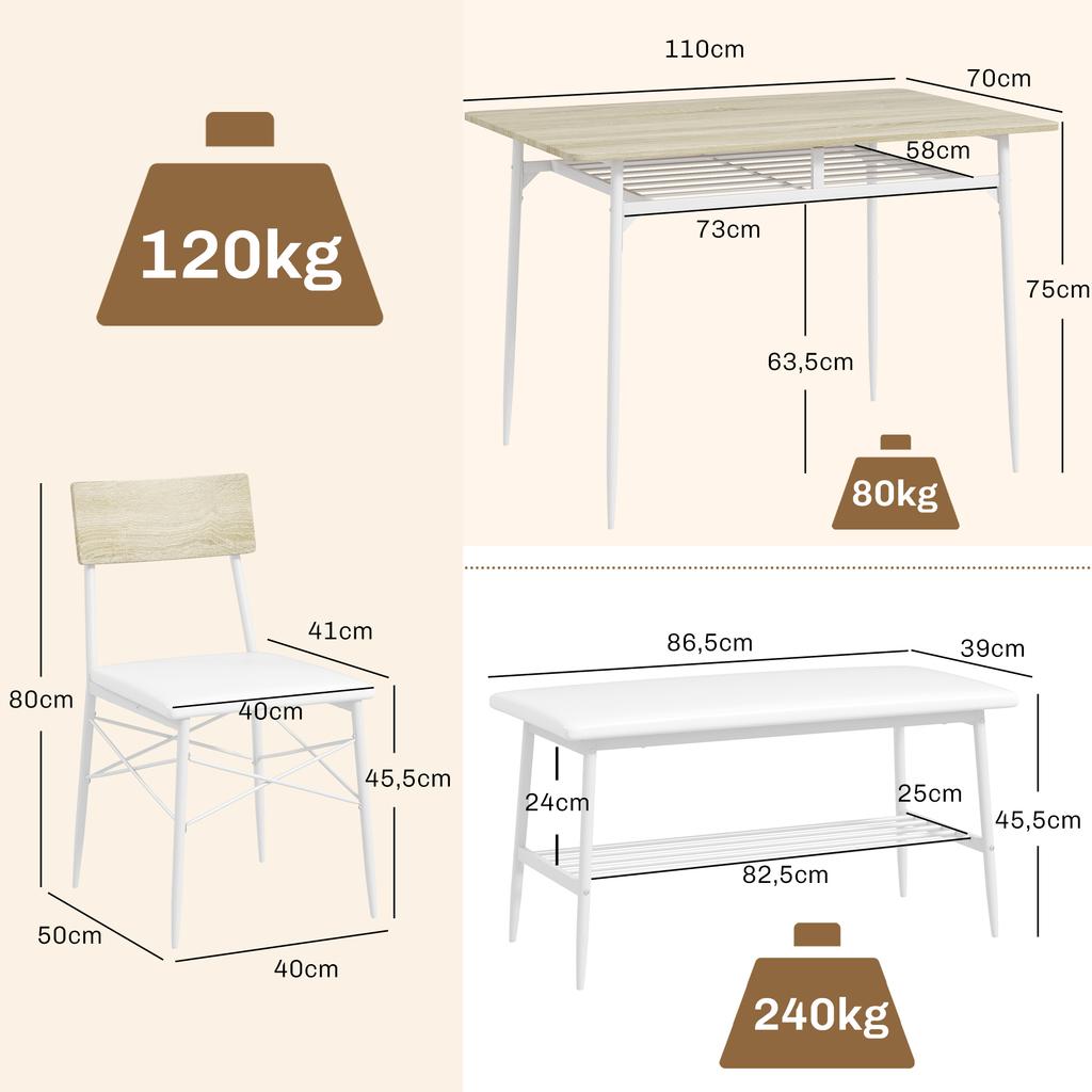 4-Piece Dining Table Set with Chairs and Bench for 4 People, Upholstered Seats, Steel Frame, Wood, Oak