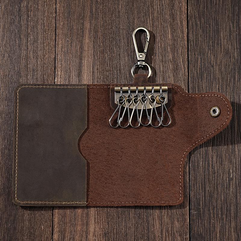 Universal Crazy Horse Leather Key Holder with Card Slot and Waist Buckle for Men and Women