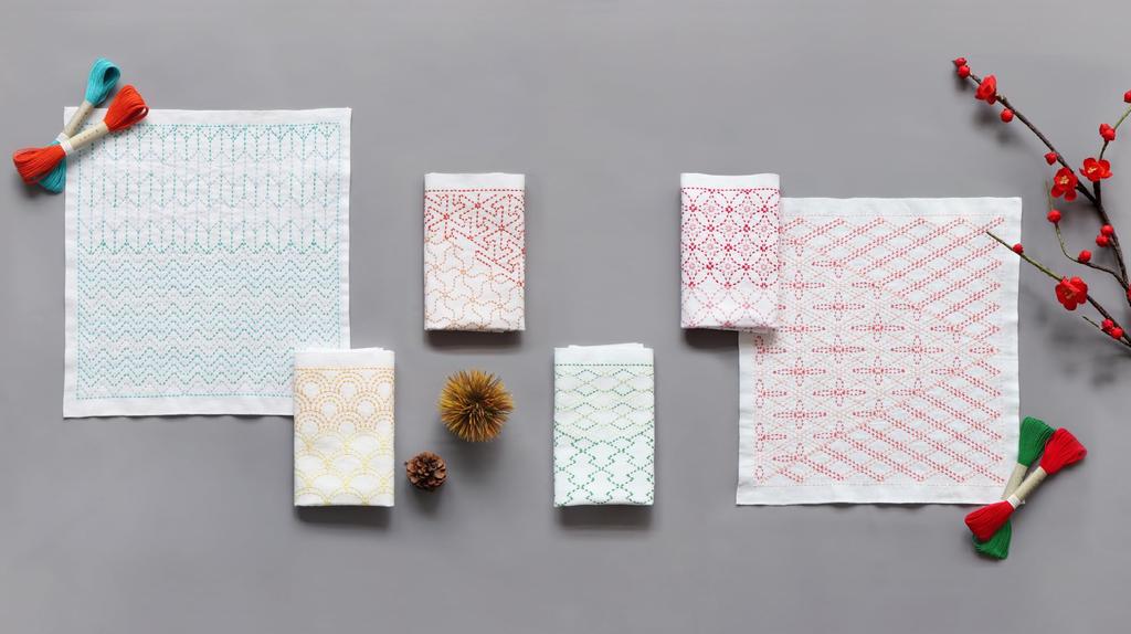 Kit Japonais de Lavette Sashiko Fleur Olympus, Motif "Nagomi" à Six Mains, SK-474