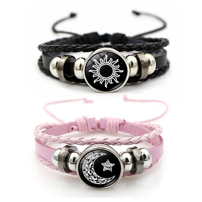Sun Moon Lover Leather Luminous Bracelet Vintage Punk Multi Layer Beaded Weaving Couple Gift for Him Her Anniversary