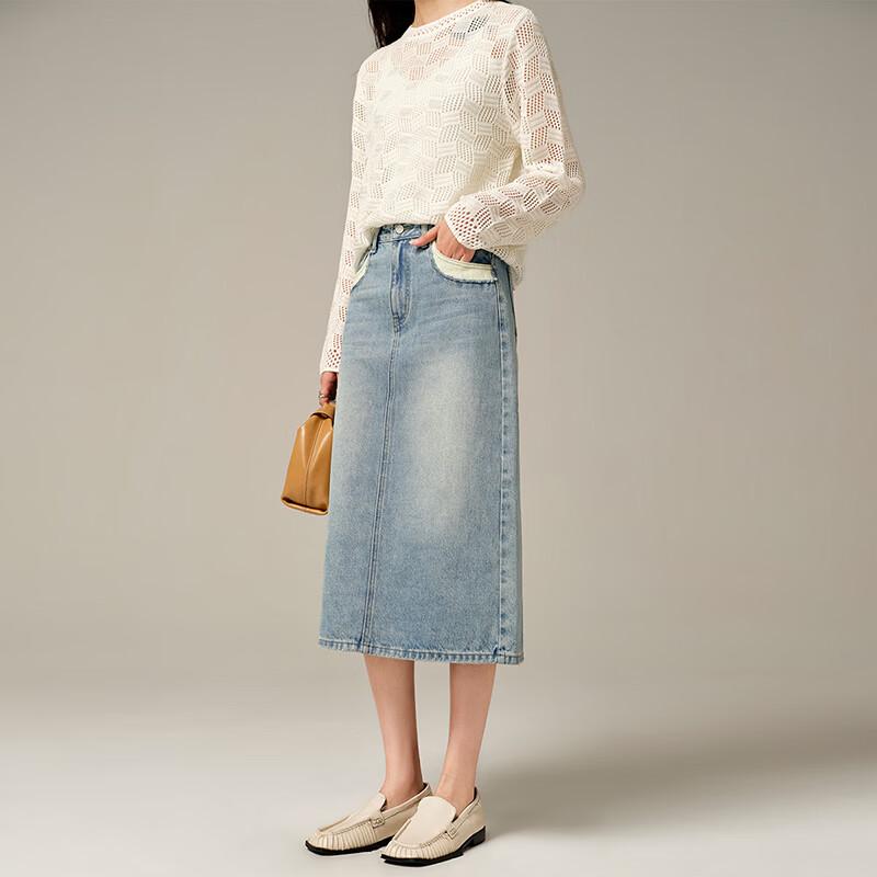 High-Waisted Patchwork A-Line Denim Skirt L