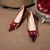 2025 New Pointed Toe Rhinestone Flower Red  Wedding Shoes Women's Block Heel High Heel Single Shoes Chinese Style