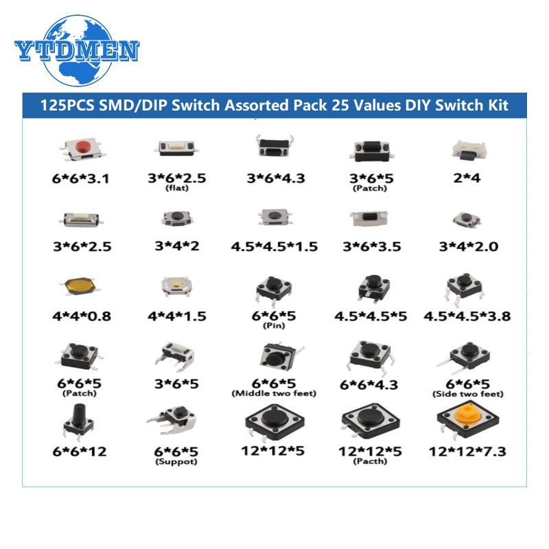 125PCS 25Values Tact Push Button Switch DIP SMD Micro Switch Micro Push Buttons Touch Component Kit, for TV Toys Home Use Button