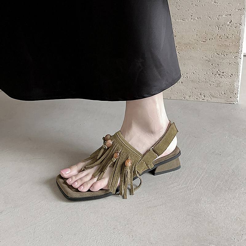 Krazing Pot Cow Suede Nubuck Summer Size 40 Hook Loop Tassel Fringe Low Heels Women Peep Toe Sandals