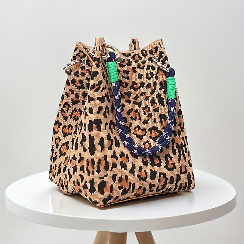 Women's Leopard Print Knit Handbag with Magnetic Closure & Rope Handle - Foldable Large Capacity Casual Chic Tote for Everyday, Durable Polyester