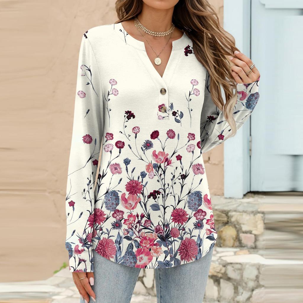 Women's Fashion Casual Floral Print Long Sleeve T-Shirt Pullover Top