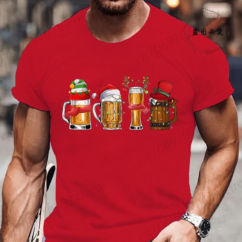 Fashionable Merry Christmas Beer Pattern Men's T-shirt Fashionable Trend Drinking Beer Printed T-shirt Fun Christmas Party Shirt Top