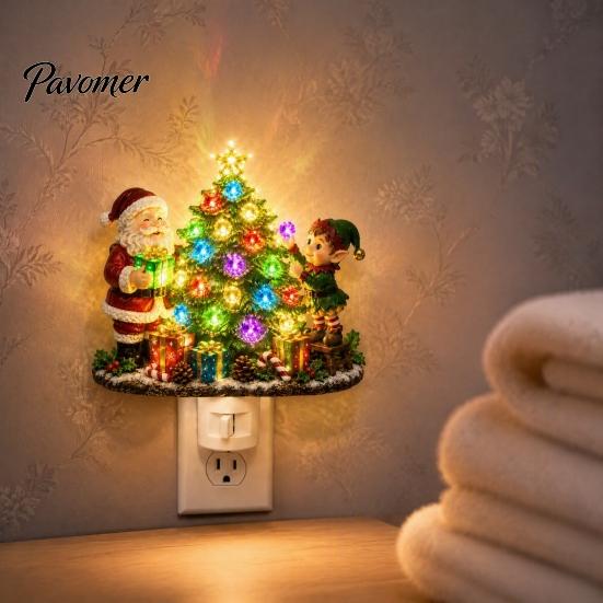 Resin Christmas Tree Light Santa Elf Decorative Plug-in Night Light, Wall Indoor Holiday Lighting Nightlight, Vintage Xmas Ornament for Bedroom