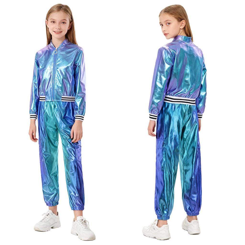 Kids Girls Hip-Hop Jazz Dance Costume Complete Set: Metallic Zipper Jacket & Pants, Stand Collar Long Sleeve Stage Outfit
