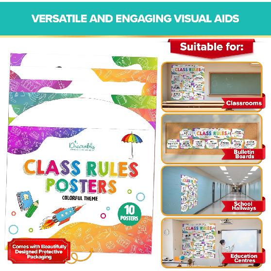 Decorably 10 Colorful Classroom Rules Poster High School, pirational, Matte-Laminated Decor - for Hallways, Bulletin Boards, Library