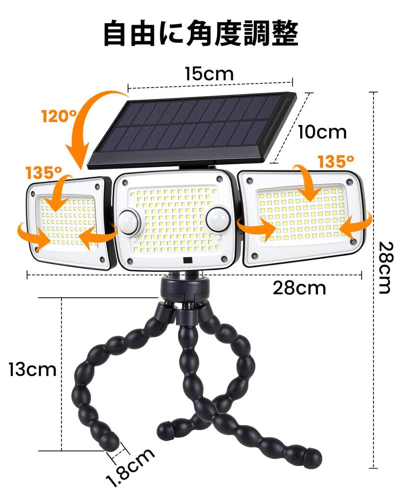 LIFENGSOLER 262 LED Solarleuchte, Außenbereich, IP65 Wasserdicht, 3-seitige Beleuchtung, 2 Bewegungssensoren, Verstellbarer Winkel & Flexibles Stativ im Lieferumfang enthalten,