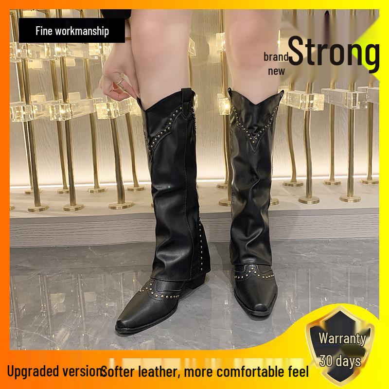 Damen Retro Cowboy Stiefel mit spitzer Zehenpartie - Herbst/Winter 2025 Klobiger Absatz, Kniehoher Reiterstil