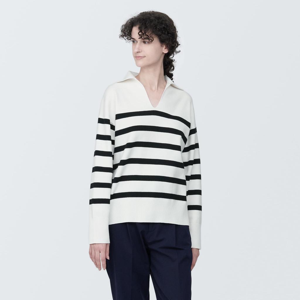 MUJI Washable Milan Rib Knit Skipper Polo White Size BA1OOA4S Women's Sweater, Striped, XS,