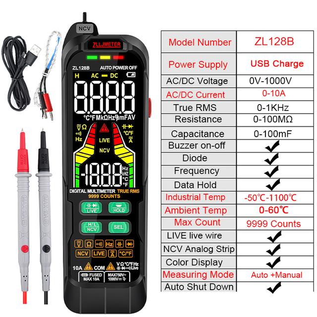 Digital Multimeter Ac Dc Current Voltage Detector Pen True Rms Capacitance Temp Usb Charge Auto Range Multimetro Ncv