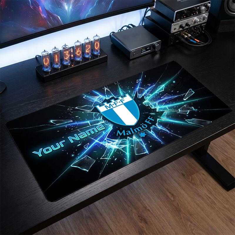 Malmö FF Custom Large Mouse Pad, Personalized Name Text Print, Football Logo Non‑Slip Desk Mat Gaming Gift