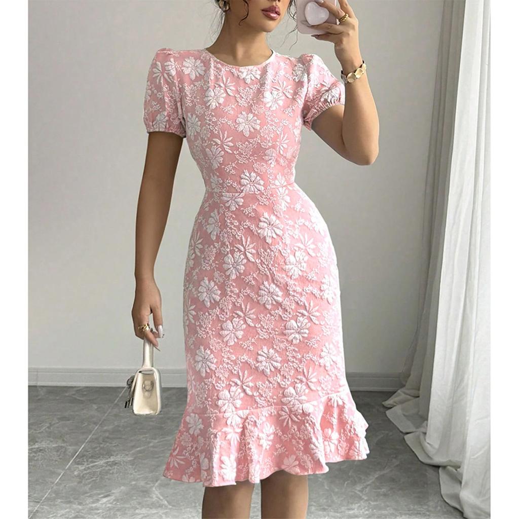 Women's Fashionable Printed Short Sleeved Round Neck Slim Fit Hip Hugging Dress
