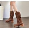 New Hollow Embroidered Vintage Western Boots Women Autumn Chunky Heels Knee High Cowboy Boots Woman Leather Knight Boots