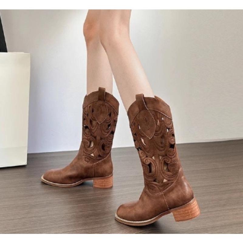 New Hollow Embroidered Vintage Western Boots Women Autumn Chunky Heels Knee High Cowboy Boots Woman Leather Knight Boots