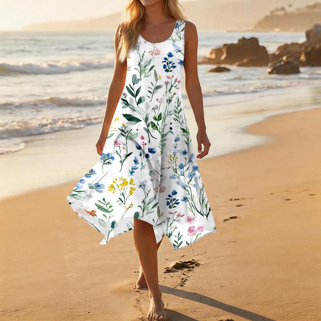 Women's Casual Fashion Round Neck Sleeveless Floral Print Midi Dress with Irregular Hem