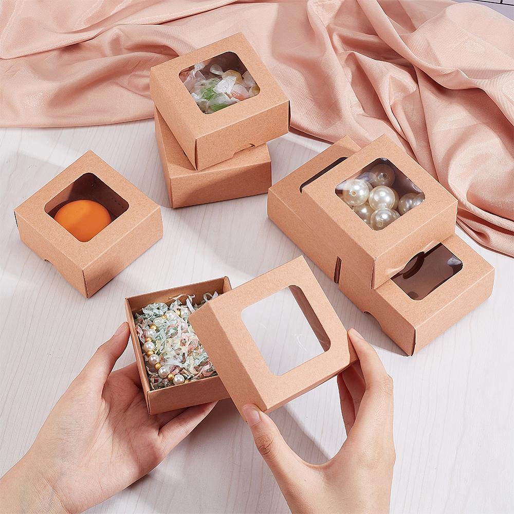 20sets Folding Kraft Paper Cardboard Jewelry Gift Boxes with PVC Visible Window Square BurlyWood Finished Product: 8x8x4cm