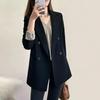 Women's Lapel Long Sleeve Blazer Regular Fit Office Style Solid Color Mid Length Double Button Polyester Korean Casual Suit Jacket