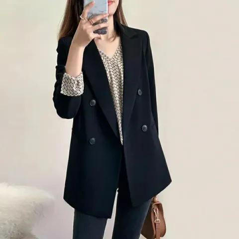Women's Lapel Long Sleeve Blazer Regular Fit Office Style Solid Color Mid Length Double Button Polyester Korean Casual Suit Jacket