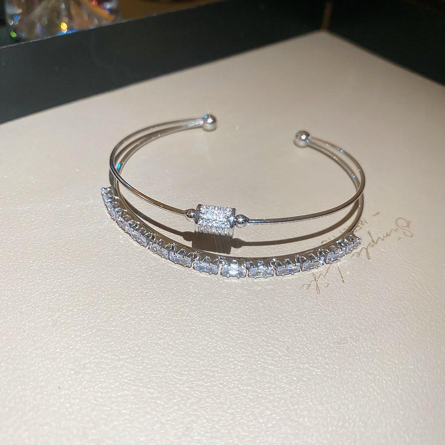 Inlaid Zircon Geometric Open Bangle - Elegant, High-End Design for Versatile Women's Fashion