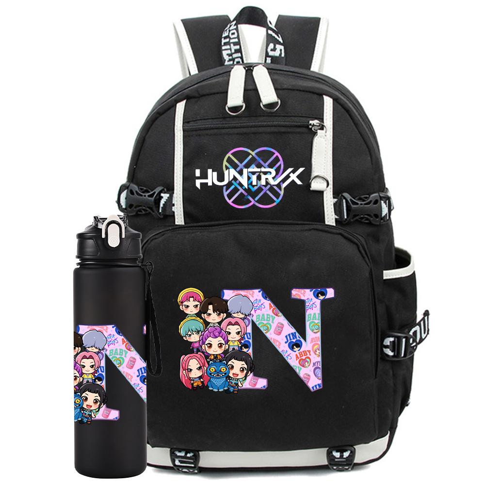 2 Stück/Set 26 Englische Buchstaben K-Pop Aufdruck Rucksack mit 750ml Wasserflasche für Teenager Schüler Mädchen Junge Schultasche Kinder Geschenk Große Kapazität Reisetasche