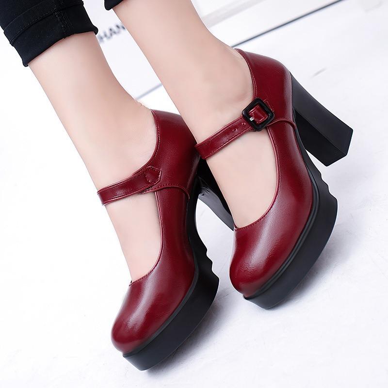 Women's Spring and Autumn Professional Work Shoes Thick Heel Waterproof Platform High-heeled Shallow Single Shoes