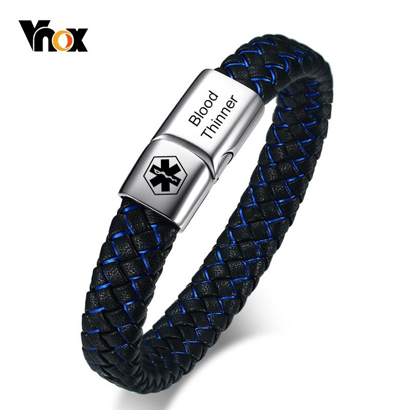 Vnox Bracciale ID Medico Personalizzato da Uomo Braccialetto in Pelle Intrecciata con Chiusura Diabete BPCO Alzheimer Gioielli Personalizzati