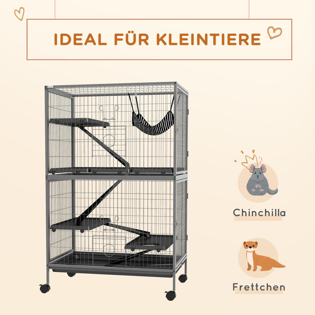 Small Animal Cage for Chinchilla Ferret Kitten On Wheels with Hammock Removable Tray, Grey
