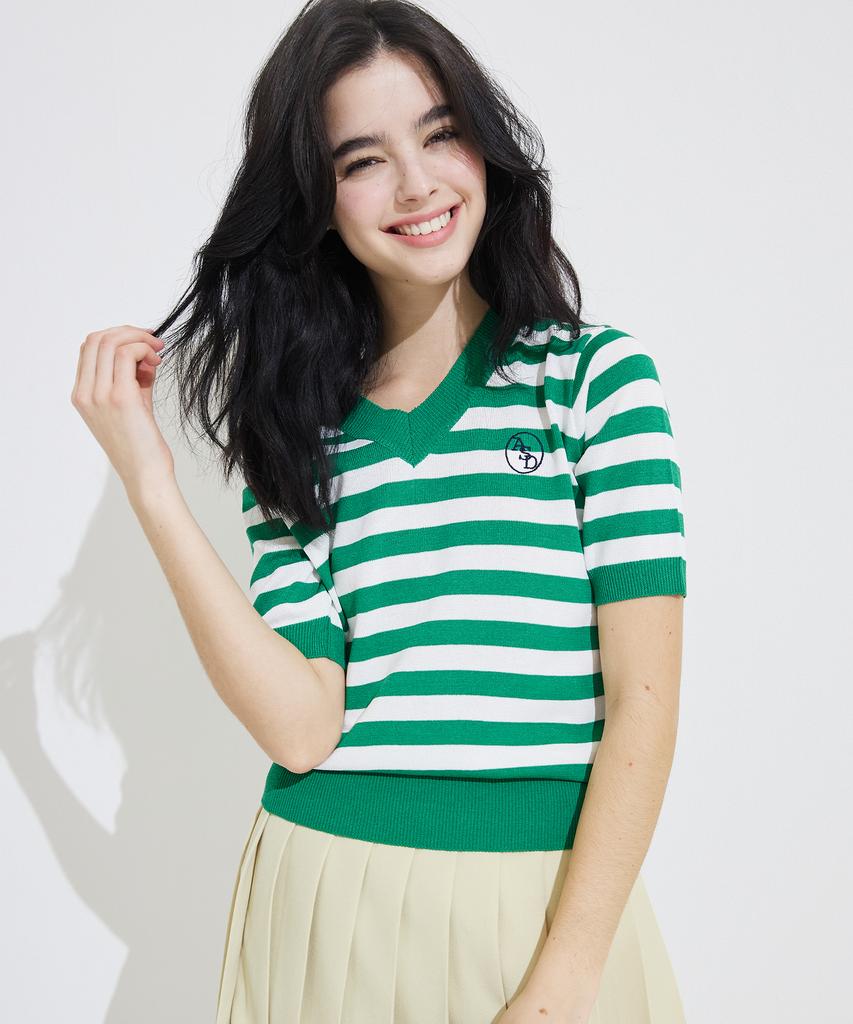 AWESOME STUDIO V-Neck Striped Knit Green