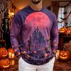 Men Halloween Crescent Moon Black Cat Graphic Long Sleeve T‑Shirt 3D Print Crew Neck Casual Pullover Streetwear Tops
