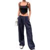 Womens Stretch Waist Casual Wide Leg Pants With Cuffed Hem Loose Fit Streetwear Trousers