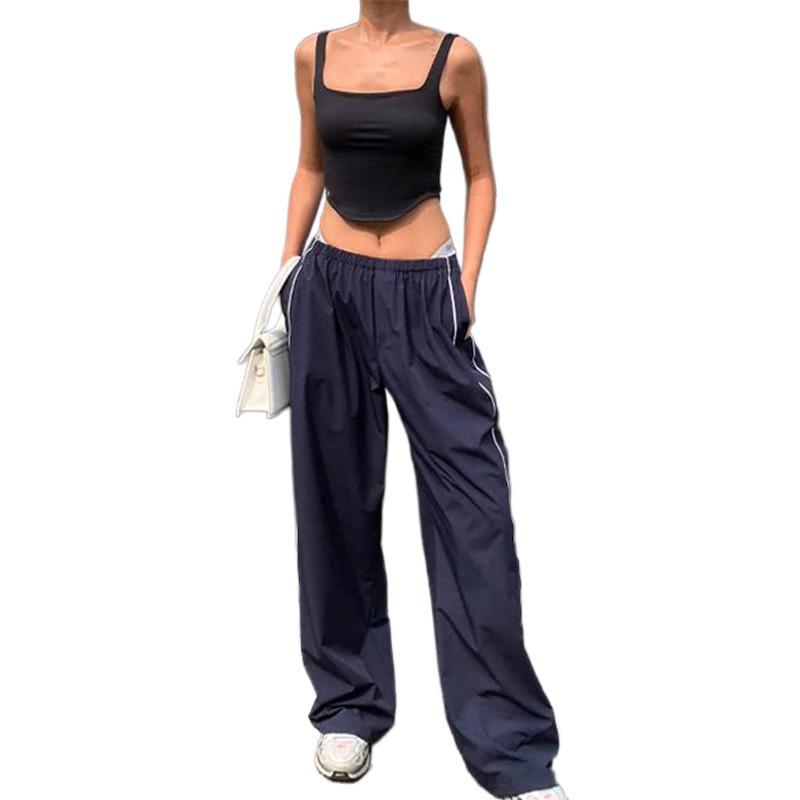 Womens Stretch Waist Casual Wide Leg Pants With Cuffed Hem Loose Fit Streetwear Trousers