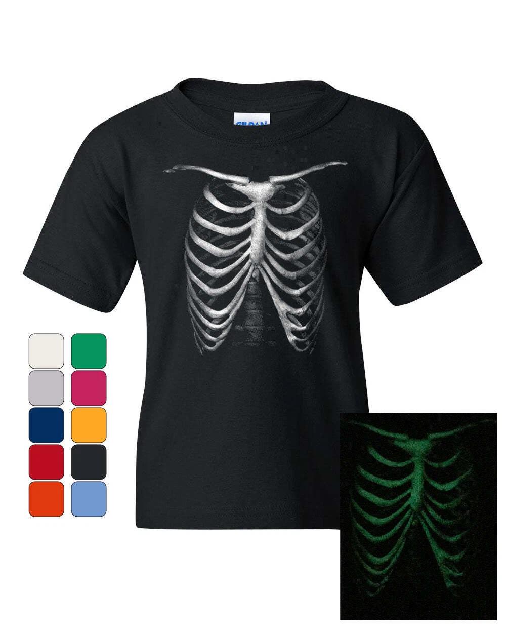 Rib Cage Glow in the Dark Youth kids boys T-Shirt Skeleton Halloween Bones Xray Kids Tee 100