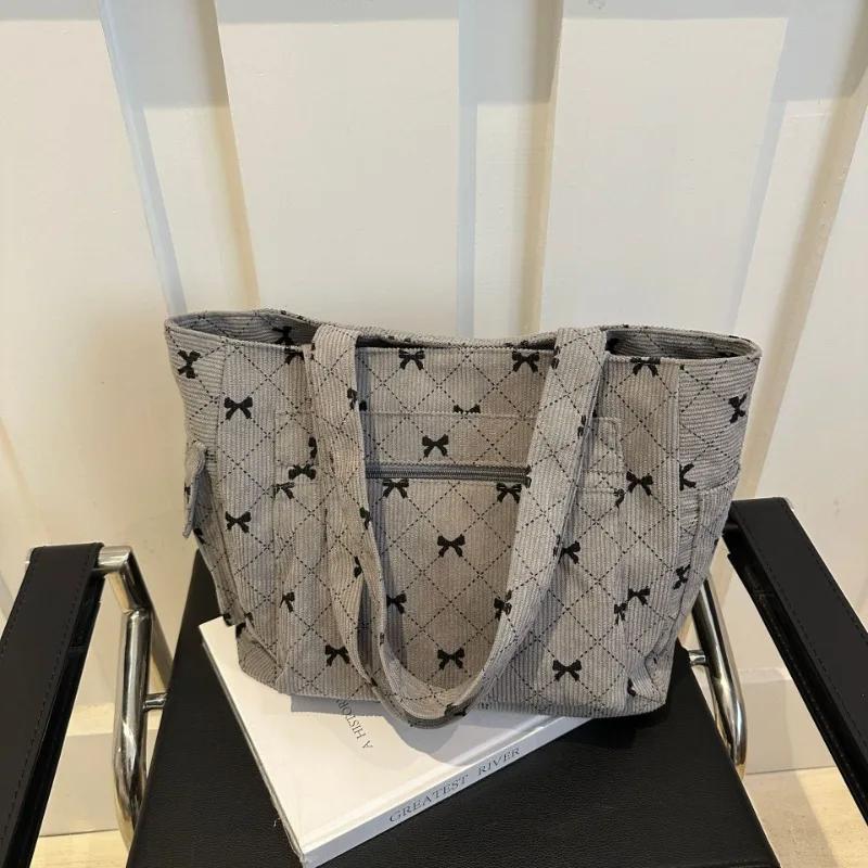 Bow Pattern Commuting Shoulder Bag Corduroy Handbag Large Capacity Women Tote Bag Multi-pockets Eco-friendly Shopping Bags