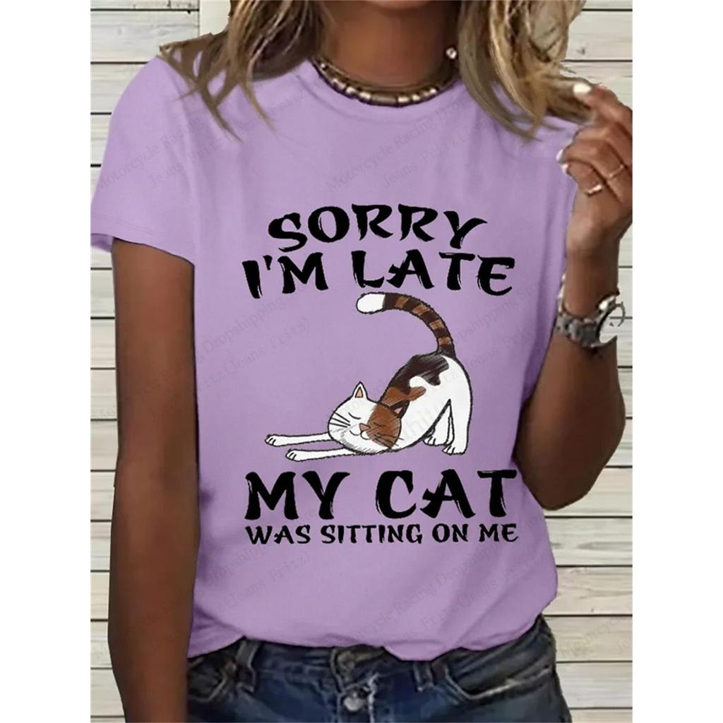 Summer women's cute cat 3D printed T-shirt women's fashionable round neck short sleeved T-shirt animal top T-shirt clothing