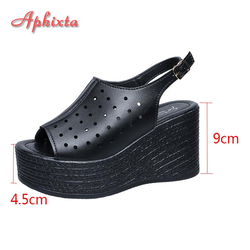 Fashion Aphixta Fashion Woman Black Sandals Side Buckle Peep Toe Women Summer Hollow Shoes Platform Sandal Lady Wedge Shoes Big Size 43