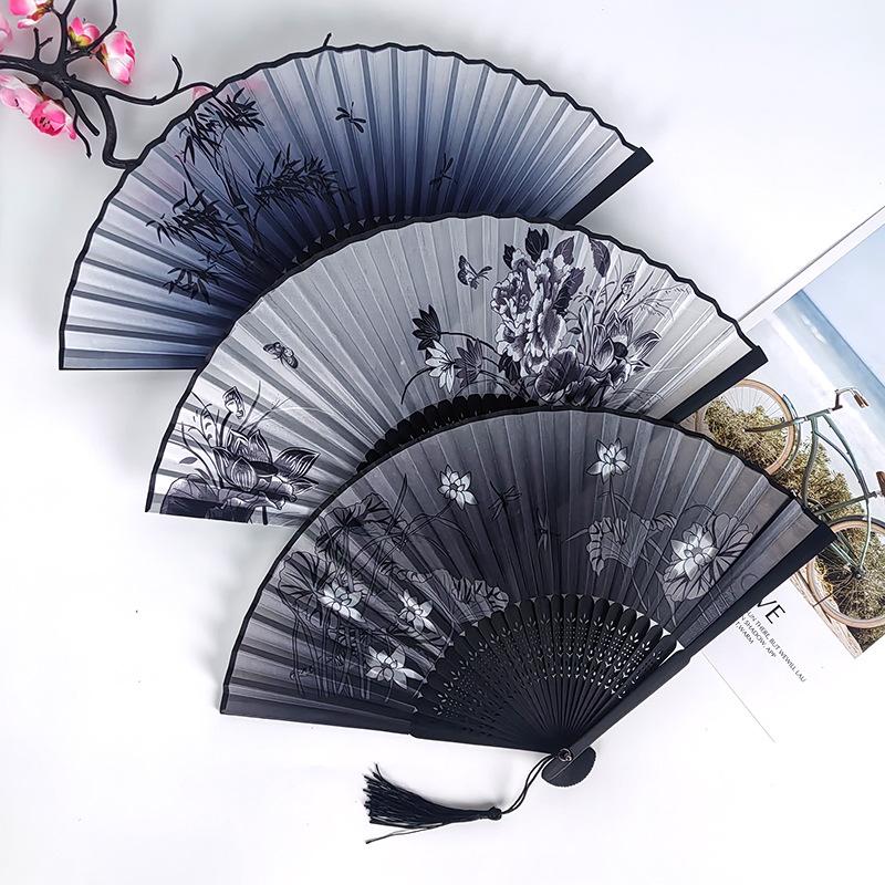 Hand Folding Fan BambooSilk Chinese Fan Hand Women Black Fan Summer Female Dance Hand Folding Fan Party Gift Hand Fans For Women