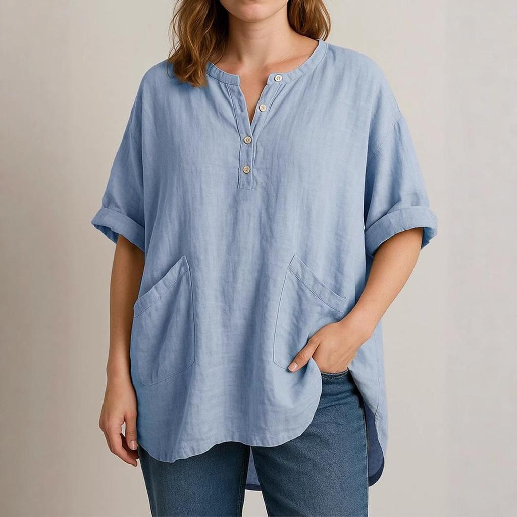 Womens Tops And Blouses Summer Fashion Elegant Casual Solid Loose V Neck Three Quarter Cotton Linen Women's Tops And Shirts