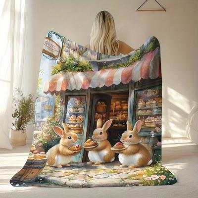 1 Stuk Bunny Dessert Shop Bedrukte Flanellen Deken Lichtgewicht Zachte Worp Zachte All-Season Sprei voor Bank Kamperen Reizen