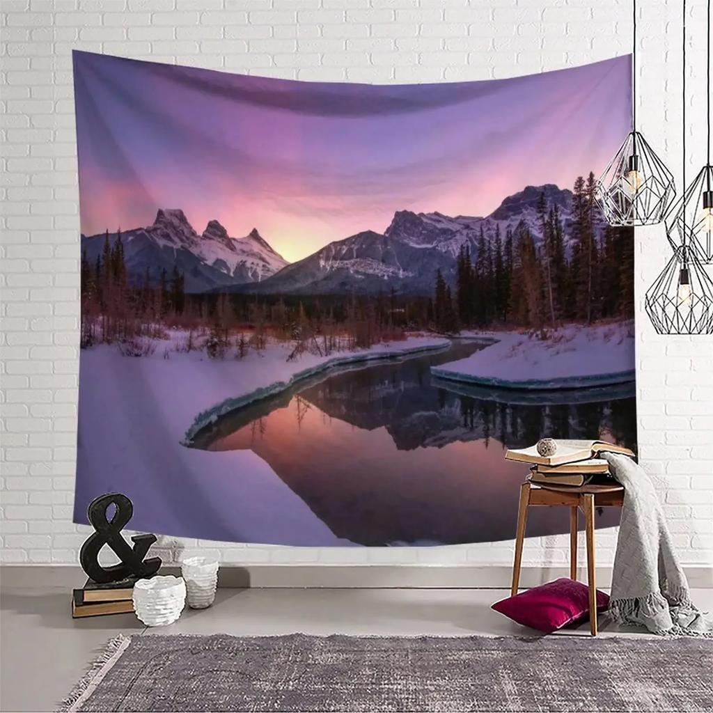Winter Wandteppich Wald Verschneiter Kiefernbaum Wandteppich Sonnenaufgang Naturlandschaft Wandteppich Wandbehang Dekor für Schlafzimmer Wohnzimmer Studentenwohnheim