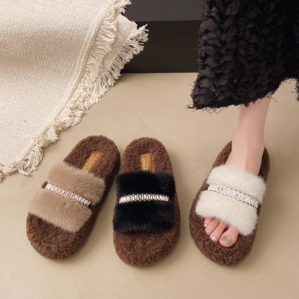 Mao Mao Slippers Women's Wear 2025 New Autumn and Winter Internet Celebrity Fashion Versatile Rhinestone Thick Bottom Velvet One-word Cotton Mop