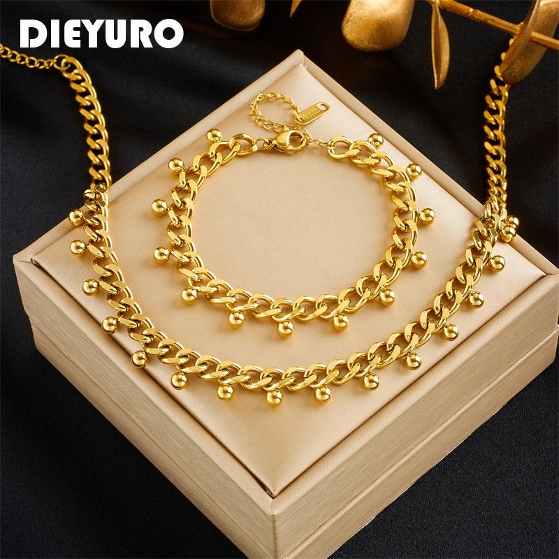 DIEYURO 316L Stainless Steel Gold Beads Thick Chain Necklace Bracelet For Women Girl New Trend Non-fading Jewelry Set