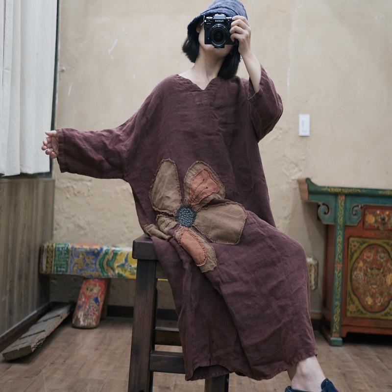 Rochie largă din in, brodată cu fulgi de zăpadă roșii Zen, vintage (1998)