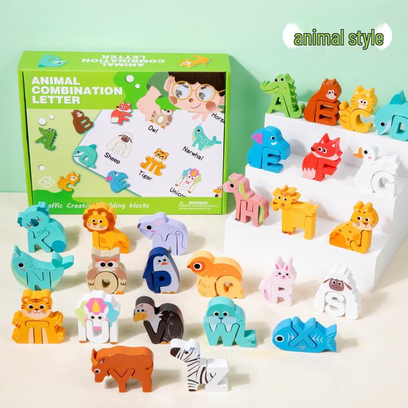 Creative Wooden Animal & Dinosaur Letter Blocks: Fun Educational Puzzle Toys for Kids