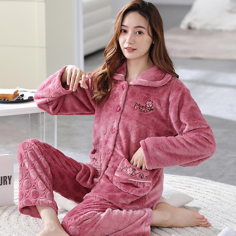 Women's Plus Size Thick Coral Fleece Pajamas - Warm Flannel Homewear for Autumn and Winter